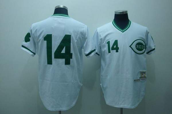 Mitchell and Ness Reds #14 Pete Rose Stitched White Green Patch Throwback MLB Jersey - Click Image to Close